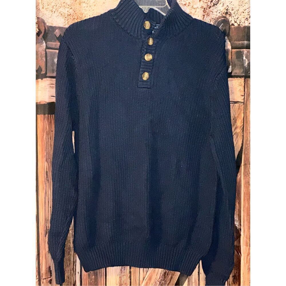 CROWN & IVY Sweater Navy Blue Waffle Knit Size Medium